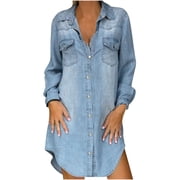 Long Sleeve Shirt Dress Womens Summer Fashion Denim Symmetrical Pocket Lapel Long Sleeve Breasted Belt Slim Shirt Dress
