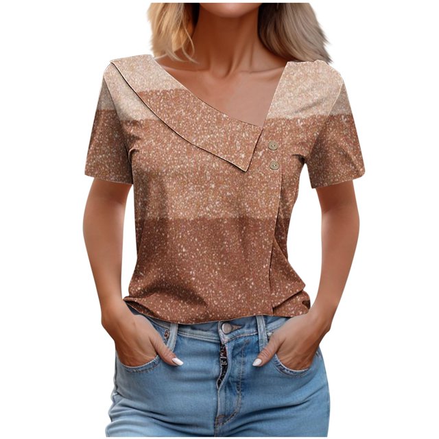 FAIWAD Women Summer Tops Short Sleeve Irregular V Neck Button T-Shirts Geometric Color Block Print Tees Blouses