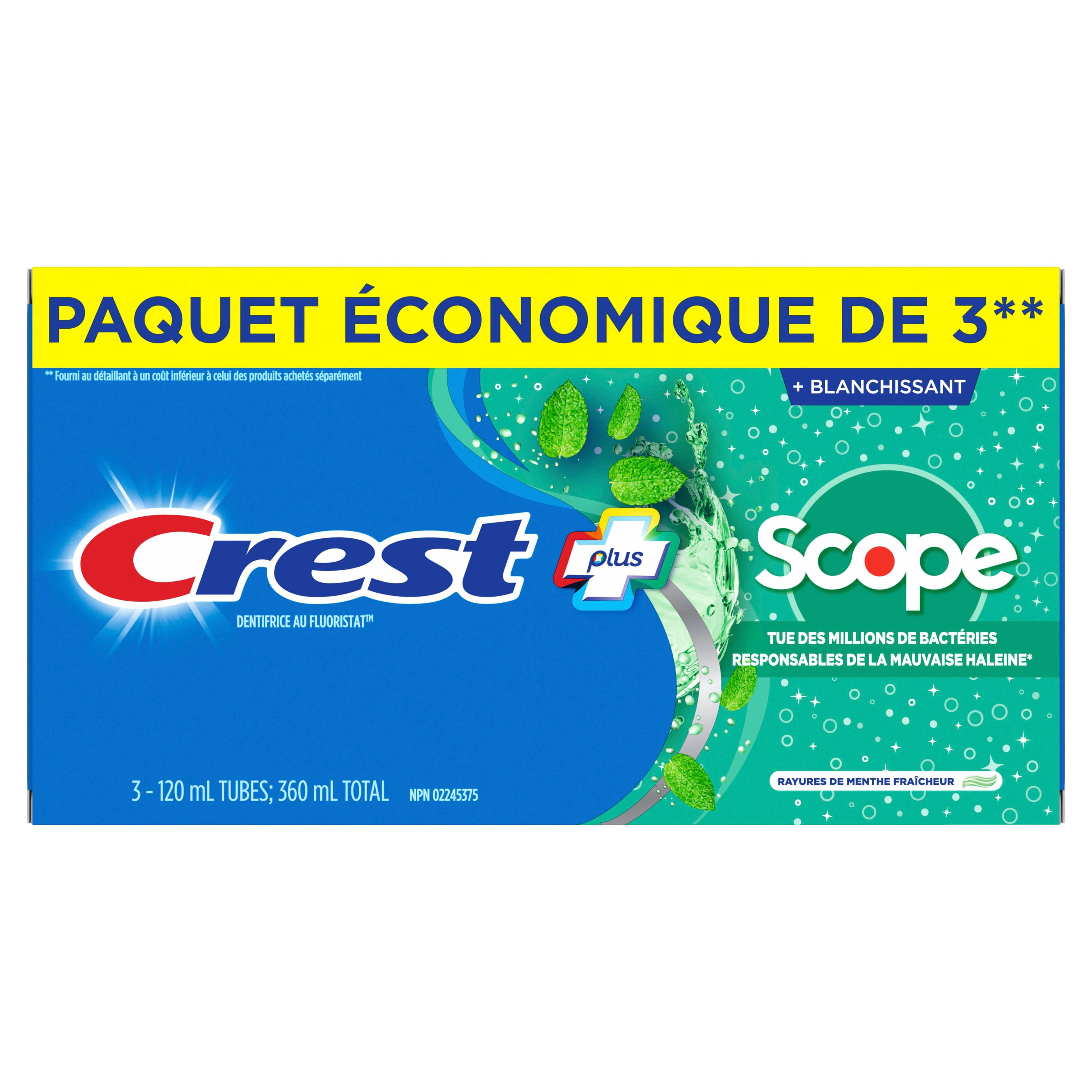 Crest Complete Whitening Plus Scope Toothpaste, Minty Fresh, 3 x 120 mL