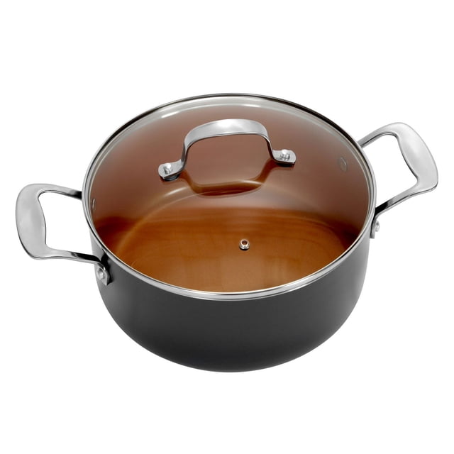 Gotham Steel Stock Pot 5 Quart with gray exterior and copper-tone nonstick ceramic interior, featuring ergonomic stainless steel handles and a tempered glass lid with stainless steel handle, ideal for cooking soups, stews, and pasta.