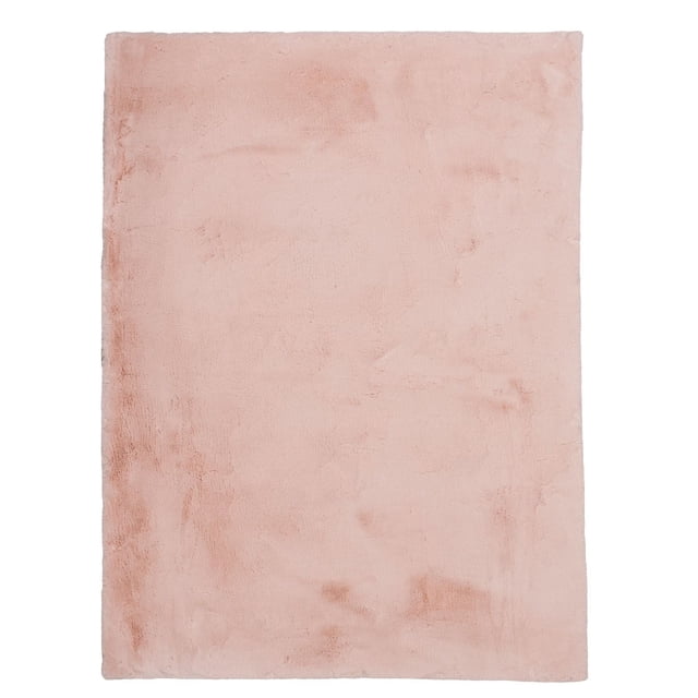 Maven Faux Rabbit Pink 3 ft. x 5 ft. Accent Rug in solid pastel pink with ultra-soft, thick faux rabbit fur texture and plush pile, featuring a cotton backing for weight and durability, ideal for small spaces like bathrooms or entryways and suitable as a cozy accent rug.