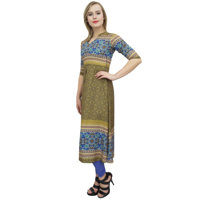 Bimba Tunique de Designer Vert Olive pour Femme Imprimée, Kurti Ligne A, Kurta, Robe-14