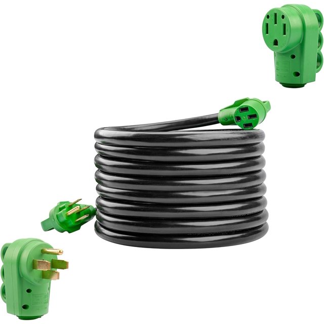 Ensemble Rallonge d'Alimentation 50 A pour VR 50 Pieds avec Fiche de Remplacement 50 A pour VR, Pacage Inclut un Organiseur de Cordons et un Sac de Rangement, Vert, Homologué ETL