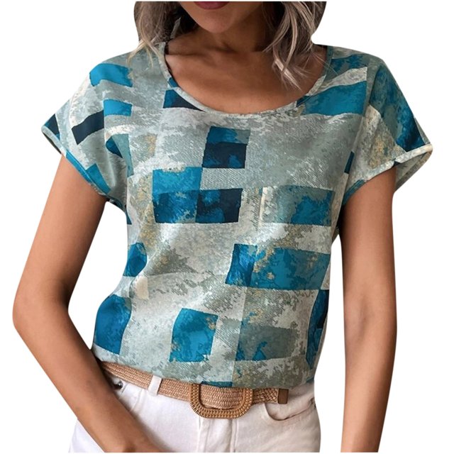 Liquidation d'Été! PEZHADA Femmes Tops, Sortie Tops for Femmes, Grande Taille Tops for Femmes, T-Shirt Ample à Manches Courtes Imprimé Col Rond Bleu P