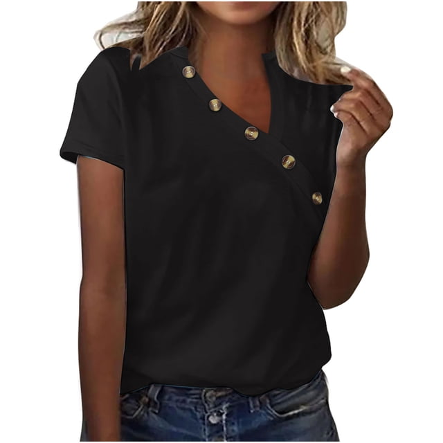 Jsaierl Womens Button Front Tops Solid Color Short Sleeve V Neck Shirts Basic Summer Relaxed Blouses Casual Going Out Holiday Tees