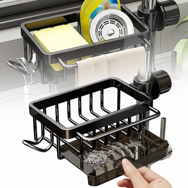 Shower Soap Dish With Hook Kitchen Sink Faucet Organizer 2024 New Dish Sponge Holder Over Faucet Kitchen Sink Caddy Organizer Multifunction Organizer Rack For 0.71.1inch Round Water Pipe Black