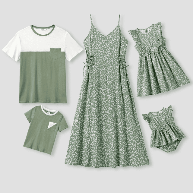 PatPat Family Matching Color Block Tee and Ditsy Floral Tie Side Strap Dress Sets