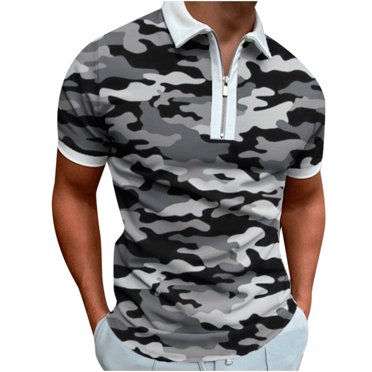 QIPOPIQ Chemises à Manches Courtes pour Hommes à Col Rabattu T-Shirts Graphiques à Motif Amusant pour Hommes Imprimé Col à Revers Demi-Glissière Chandail Athleisure T-Shirt Cadeau pour Père et Lui 2024 Liquidation Camouflage 3TG