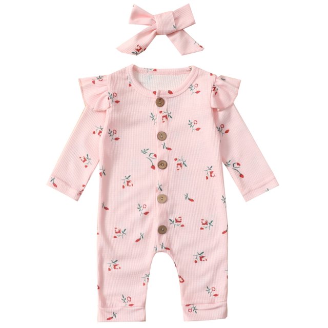 Xingqing 2PCS Infant Baby Girls Floral Printing Long Sleeve O-Neck Button Jumpsuit Suit