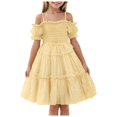 thumbnail image 1 of YDFCWXW Girls Cold Shoulder Shirred White Off Shoulder Ruffle Sleeve Summer A-Line Princess Sundress (Yellow, 3-4 Years), 1 of 7