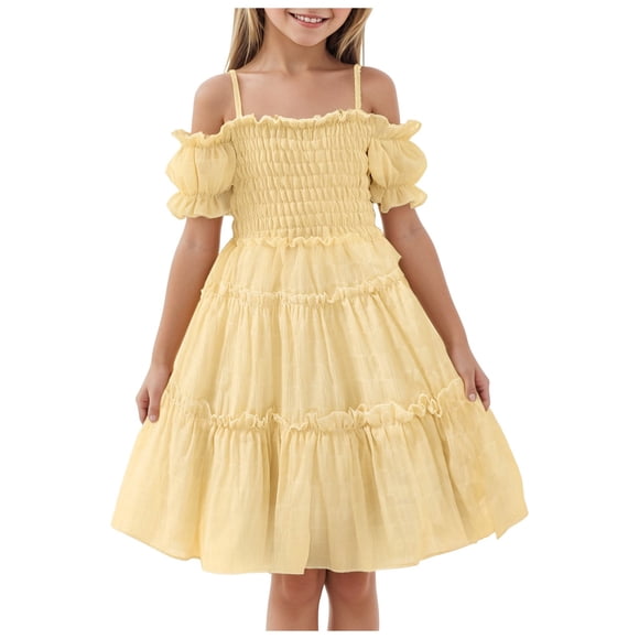 YDFCWXW Girls Cold Shoulder Shirred White Off Shoulder Ruffle Sleeve Summer A-Line Princess Sundress (Yellow, 3-4 Years)