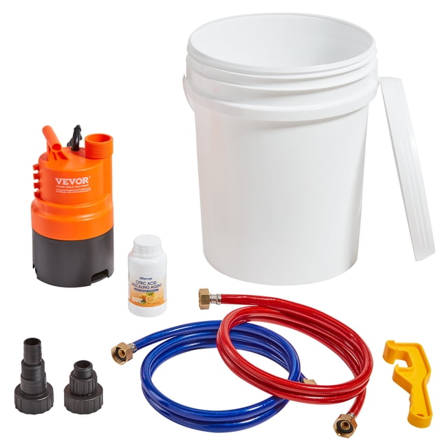 VEVOR Tankless Water Heater Flushing Kit, Includes Efficient Pump & 5 Gallon Pail & 2 Hoses & Descaling Powder, Wrench and Adapter for Quick Install Easy to Start, Water Heater Flush Kit front-facing view of a 5 gal (19L) white bucket with lid and handle, compact submersible pump (135x135x245 mm) next to it, red and blue 1830 mm PVC-coated hoses with stainless woven stainless-steel core, two threaded adapters (3/4" and 1"), plastic wrench and 260 g citric acid descaling powder; pump labeled 1/3 HP (270W) and 1980 GPH, bucket lid includes built-in bottle opener, for flushing tankless water heaters and often used to connect garden hoses for outdoor watering.