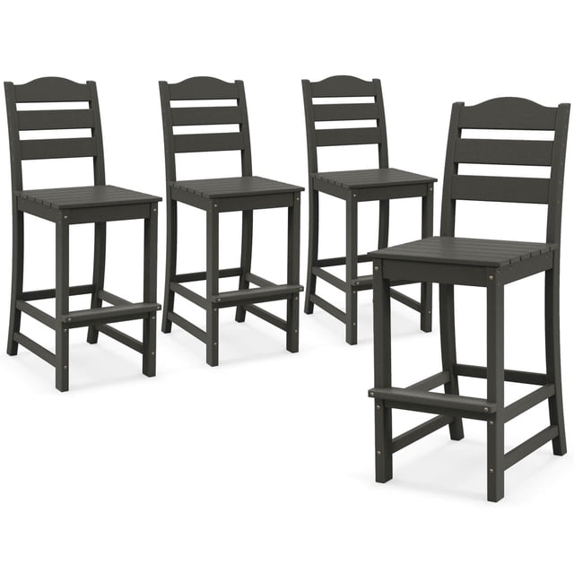 Costway Outdoor 4pcs HDPE Bar Stool Patio Tall Chair Backrest Footrest All Weather Navy. A set of four black HDPE bar stools with slatted seats and curved backrests, designed for outdoor use. Each stool features a 30-inch seat height, wide footrests, and durable 304 stainless steel screws for stability. The all-weather, anti-crack, and colorfast HDPE material ensures resistance to outdoor elements and low maintenance. Suitable for bar tables 43.5 to 47 inches tall.