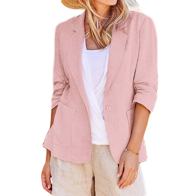 IMENGL Linen Casual 3/4 Stretchy Ruched Sleeve Lightweight Work Office Jacket, Pink 4XL, Size M-5XL