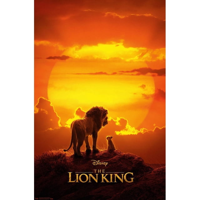 Disney Le Roi Lion - Affiche Murale de Mufasa et Simba, 22,375 Po x 34 Po Montrant un Lion et un Toutou Mâles Adultes Debout sur un Affleurement Rocheux avec un Grand Soleil Jaune Lumineux et des Nuages orange en Arrière-Plan, avec le logo Disney et le Titre Le Roi Lion, Convient comme art Mural de Décoration Intérieure.