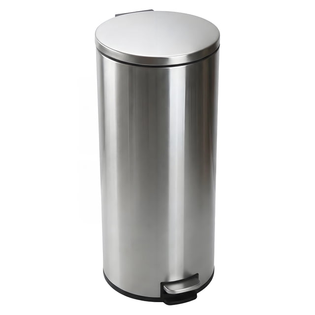 Better Homes & Gardens Kitchen Trash Can, 30 Litre Stainless Steel Round Step Garbage Bin with Soft Close Lid, Silver centered front view of a 30 L round stainless steel step bin with stainless steel finish, visible step pedal, soft-close lid, removable inner bucket and non-slip base; suitable as a compact recycling station.