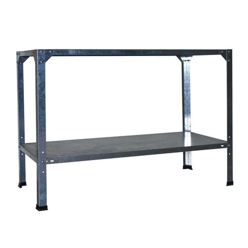 Canopia by Palram Steel Work Bench with two galvanized rust-resistant steel shelves, measuring 45 inches wide, 19.75 inches deep, and 31.5 inches high, suitable for heavy-duty tool storage and organization in garages, sheds, or workshops.