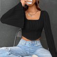 thumbnail image 4 of FAIWAD Women's Ruched Textured Crop Tops Bell Long Sleeve Square Neck Asymmetrical Streetwear Pullover Tops, 4 of 9