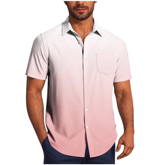 Pisexur T-shirts pour Hommes, Mode Décontractée Col Rabattu Impression Dégradée Manches Courtes Chemise Boutonnée Blouse Rose Vif, 2TG Chemises de Golf Hommes & Chemises Hommes