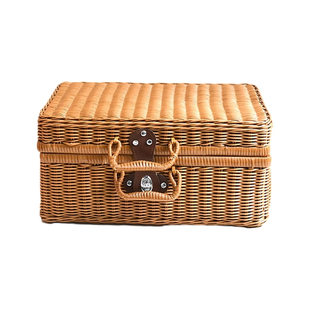 EGNMCR imitation rattan box retro portable storage container measuring 22x17x11cm in khaki color. Features a woven rattan-like design made of durable plastic, a 180° flip lid, stainless steel nail buckles, and a thick thermosetting plastic handle. Suitable for home storage, wedding photography props, or as a decorative piece.