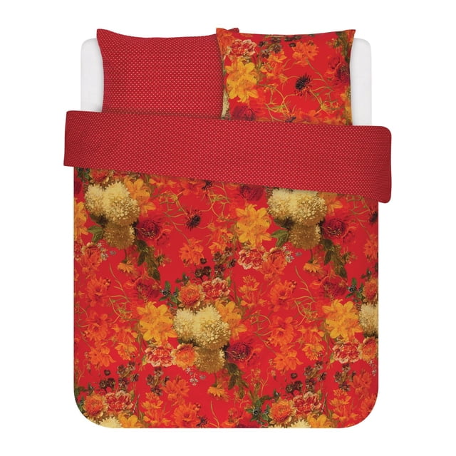 Essenza Home Duvet Cover Bedding Set with a red floral duvet cover featuring yellow, orange, and cream flowers, paired with matching pillow shams; the reverse side and one sham display a red background with small white polka dots, made from ultra-fine cotton yarns for softness and temperature regulation.
