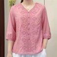 thumbnail image 2 of Pisexur Haut à Manches Courtes à Col Rond Brodé Rétro à la Mode pour Femmes, Hauts pour Femmes, Blouses Habillées Décontractées, Hauts pour Femmes Rose, 3TG, 2 of 3