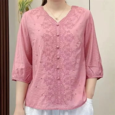 Prix Réduit, Haut Rétro à la Mode pour Femmes Brodé à Col Rond à Manches Cinq Quarts à Manches Courtes Idéal pour les Journées Actives/60 % Coton, 40 % Lin, Rose, Sopatenor