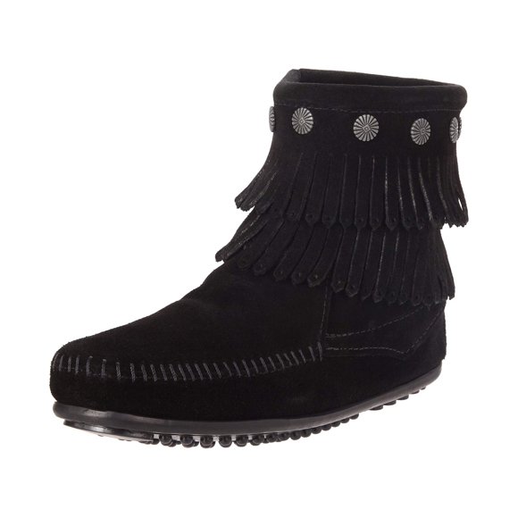 Minnetonka Womens Double Fringe Side Zip Leather Round Toe