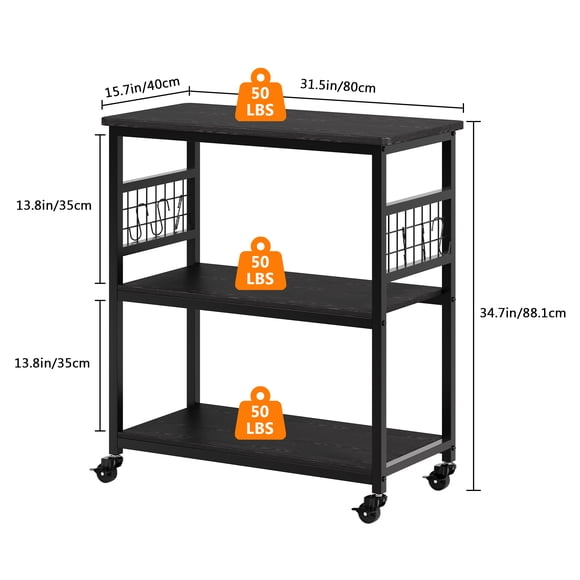 Kitchen Island on Wheels, Rolling Cart with 3 Shelves, Microwave Stand, Bakers Rack, Utility Cart with 6 Detachable Hooks, 4 Swivel Casters