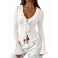 thumbnail image 1 of Women Ruffle Tie Front Cardigan Sweater Long Bell Sleeve Cropped Knit Sweater Top White S, 1 of 7