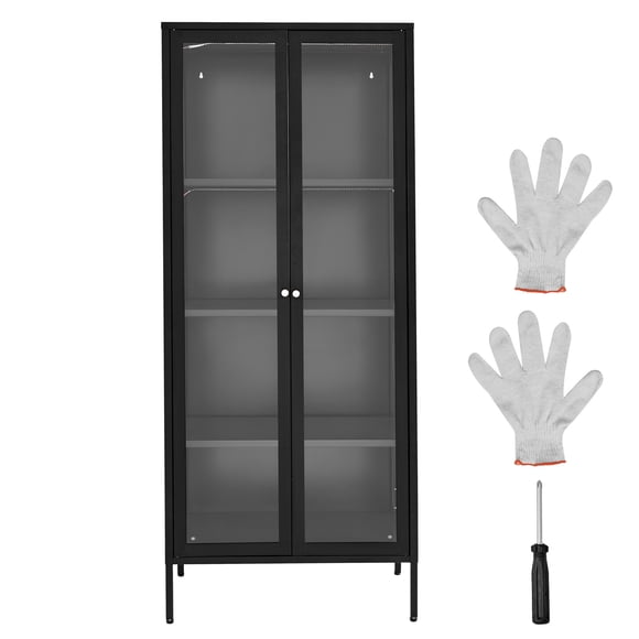KFFKFF Display Cabinet with Glass Door, 66 in Tall 4-Tier Lighted Display Case with 3 Color Lights, Metal Storage Cabinet with 3 Adjustable Shelves, Curio Cabinet