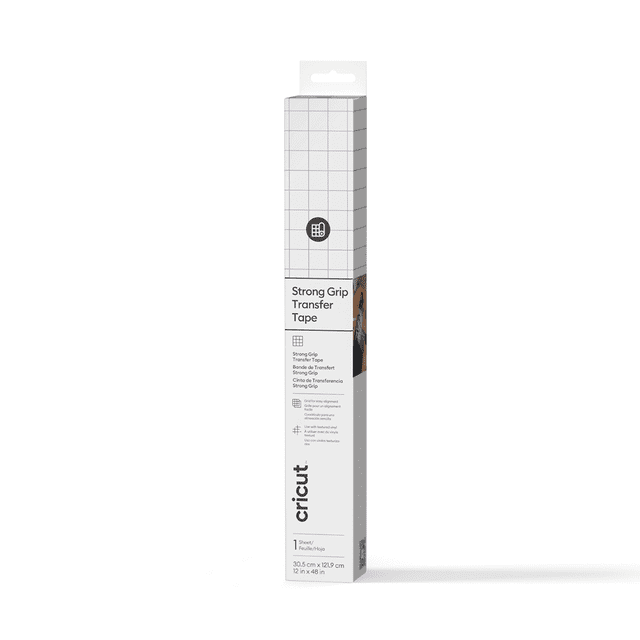 Cricut® Strong Grip Transfer Tape 4 ft roll in white packaging with grid pattern, designed for transferring textured craft vinyl and custom decals to various surfaces, featuring grid lines for easy alignment and measuring 12 in by 4 ft.