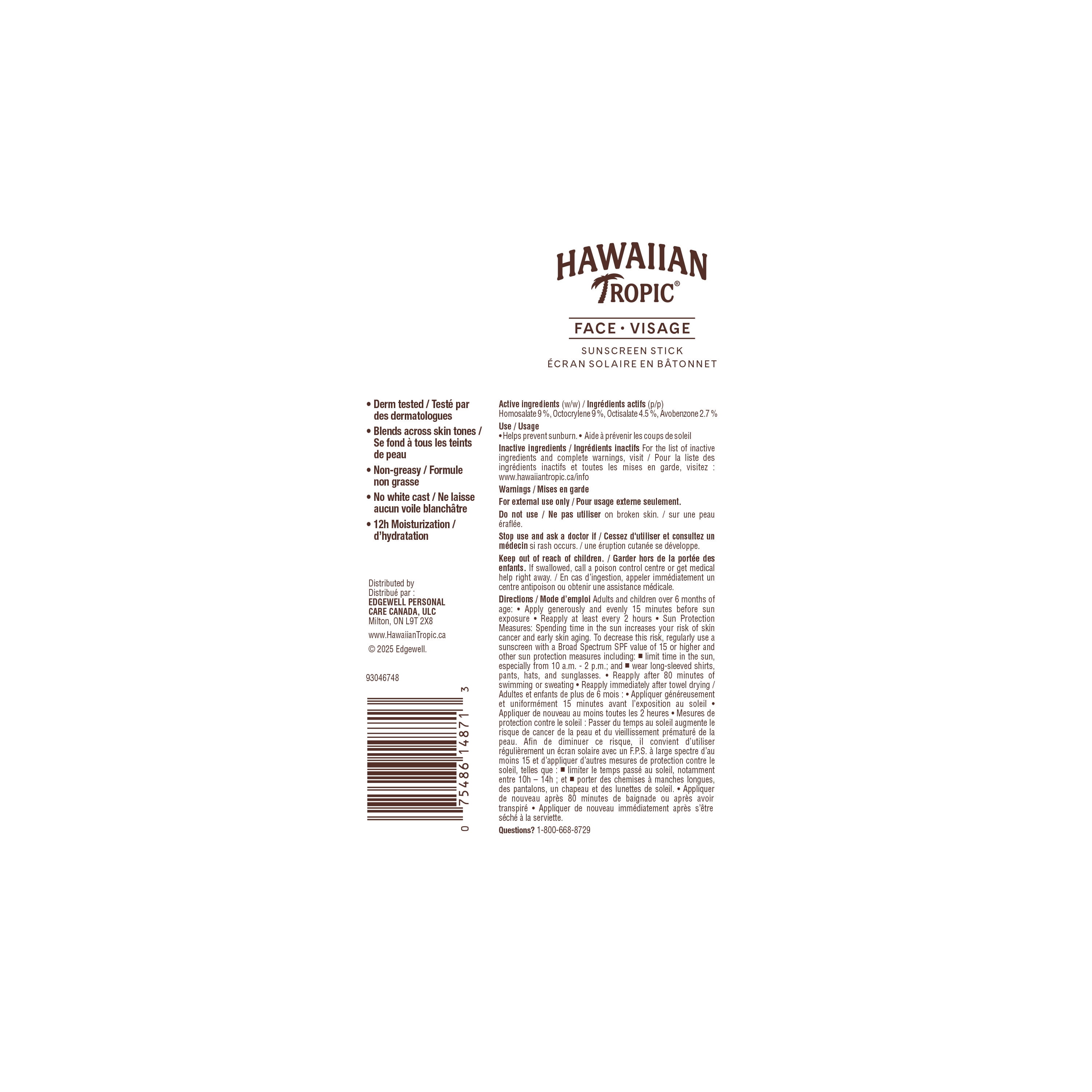 Hawaiian Tropic Visage ecran solaire en batonnet FPS 50+