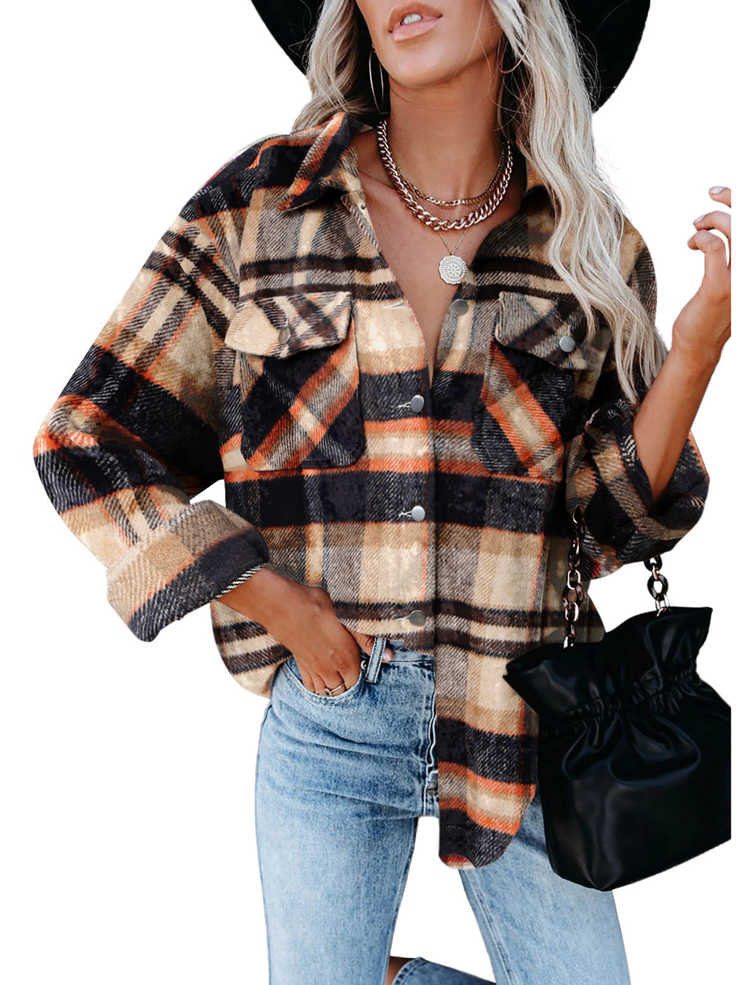 Women's Oversized Plaid Button Down Shirt Shacket Jacket Long Sleeve Casual Fall Outwear with Pockets