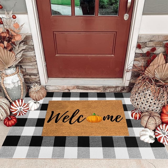 Bilqis Fall Outdoor Orange and White Plaid Rug, Cotton Hand-Woven Checked Rug Layered Doormats for Front Door Porch Farmhouse Entryway Patio