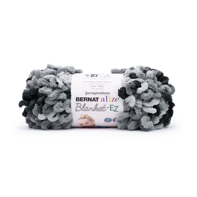 Bernat® Alize Blanket™ #7 Jumbo Polyester Yarn in Black Shadow, 6.4oz/180g, 18 yards, showing a skein of looped polyester chenille yarn in black and grey shades with a white label featuring the brand and product name, ideal for fast, needle-free finger knitting projects.