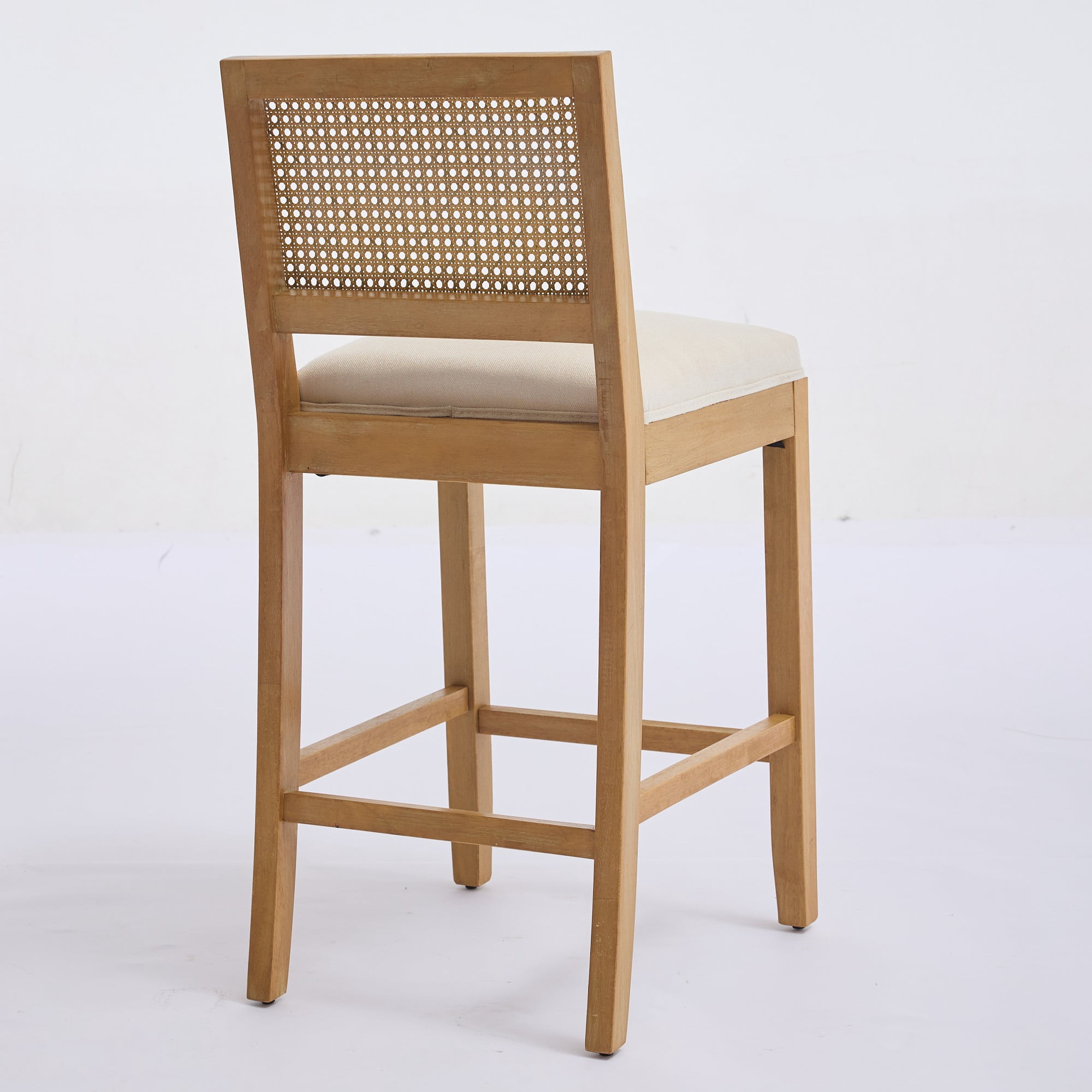 Noble House Full Solid Wood Rattan-Back Bar Stool Set of 2,Matte Linen Cushion with High-Resilience Foam & S-Springs,Beige