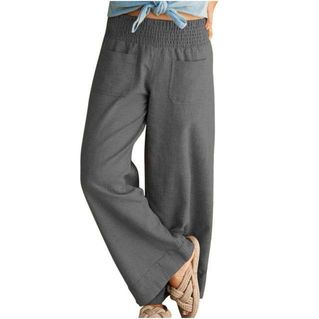 Women Wide Leg Pants Elastic Waisted Casual Linen Pants with Pockets Loose