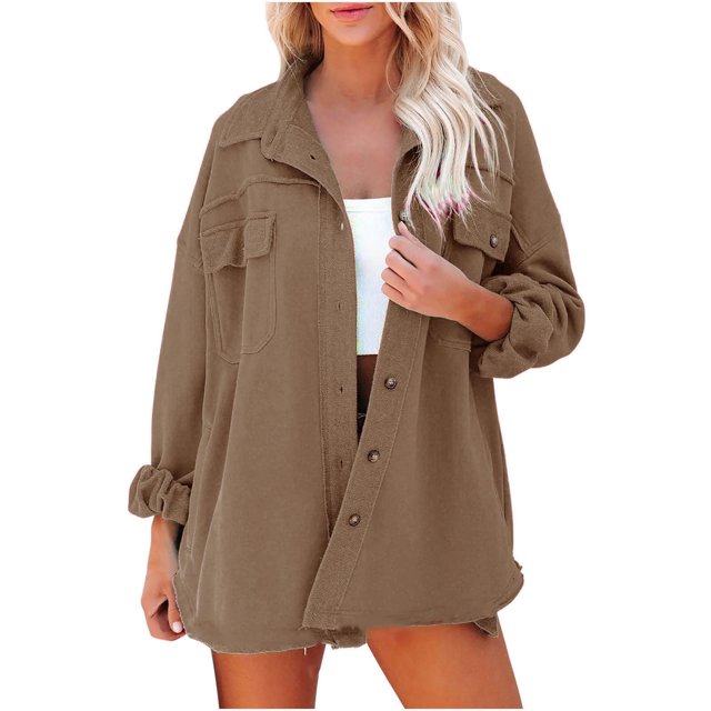 IROINID Manteau Blouson Mi-Long pour Femme, Col à Revers, Couleur Unie, Manches Longues, Coupe Ample, Veste à Revers pour Dames, Manteau avec Poches, Vêtement d'Extérieur, Brun