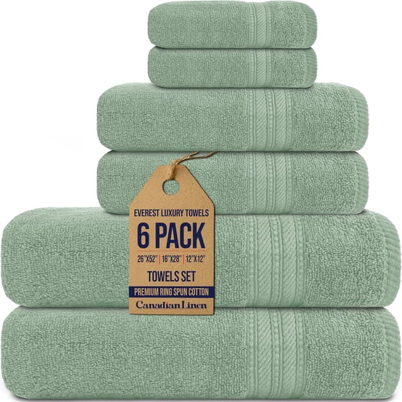 Canadian Linen Serviettes de Luxe Everest, Lot de 6 (Ensemble Bain, Main, Débarbouillette) Séchage Rapide Légères Douces Absorbantes Serviette en Coton pour Salle de Bain, Vert Sauge