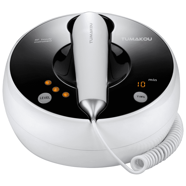 TUMAKOU RF Radio Frequency Facial Machine for skin care and anti-aging, featuring a sleek white and black design with a handheld probe resting on the base unit. The device includes visible controls for level adjustment and a digital timer display. Designed for professional at-home use, it supports skin tightening, wrinkle reduction, and rejuvenation for both face and body. Requires conductive gel for operation.