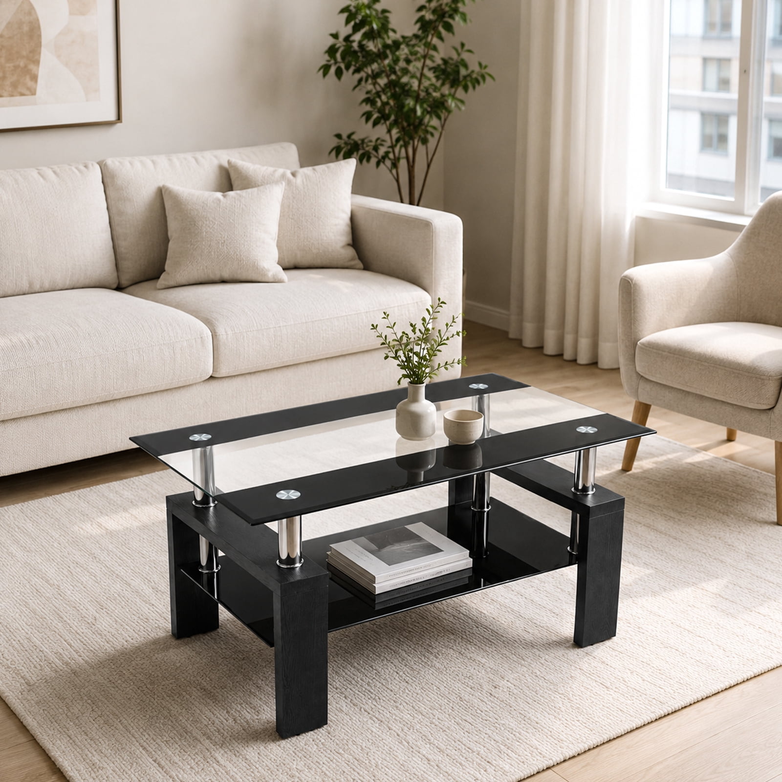 Noble House Modern Rectangular Tempered Glass Coffee Table,Double-Layer Glass Top with Sturdy Black Legs,34.45" Compact,Black
