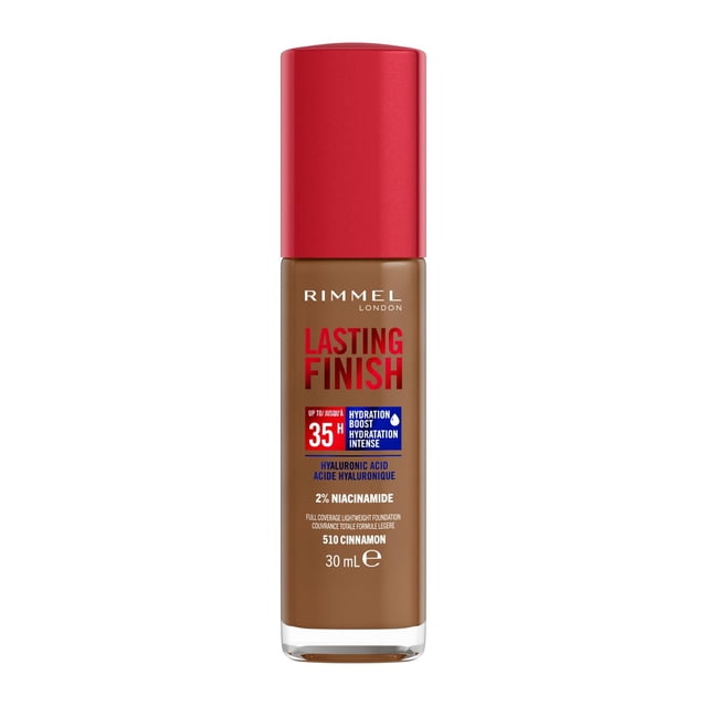 Rimmel Lasting Finish 35 Hour Foundation in shade 510 Cinnamon, a full-coverage liquid foundation bottle with a red cap, featuring hydration boost with hyaluronic acid and 2% niacinamide for long-lasting, breathable wear and a natural finish.