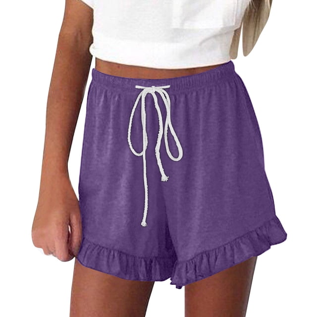 Womens Versatile Shorts Casual Pleated Hem Wide Leg Elastic Waist Drawstring Short Solid Color Loose Comfy Pants