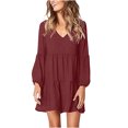thumbnail image 1 of EGNMCR Robe à Volants pour Femme Été Col en V Couleur Unie Manches Longues Tunique Évasée Robe Grande Taille Tendance Décontractée Soleil Plage Mini Robes, 1 of 6