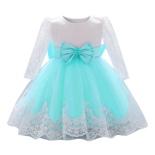 MIASHUI Robe en Dentelle pour Filles Manches Longues en Maille Robe de Princesse pour Mariage Fête Nœud, Vert, 6-12 Mois