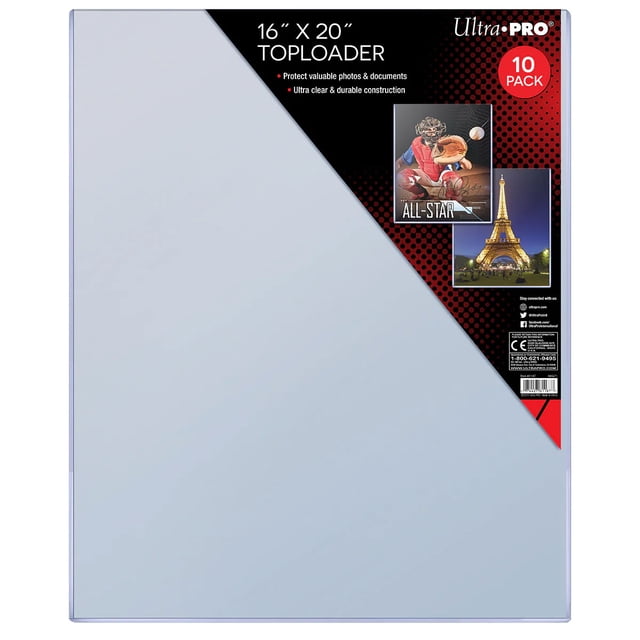 Ultra PRO 16" x 20" Toploaders 10 pack with clear, rigid PVC sleeves designed to protect collectible photos, trading cards, and documents during storage and display, featuring durable, ultra-clear construction suitable for preserving valuable flat media.