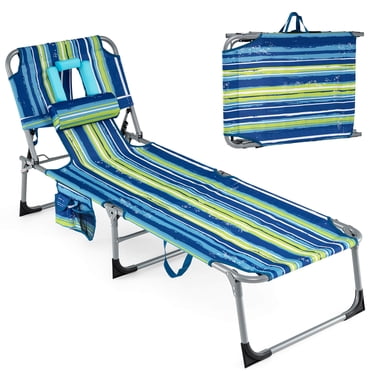 Costway Chaise de Bronzage, Chaise Longue Portable avec Dossier Réglable à 4 Positions, Rayures Bleues