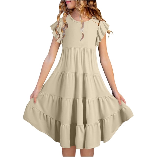 Girls Summer Dresses Double Layer Flutter Sleeve Flowy A Line Dress Casual Gradient Midi Dresses