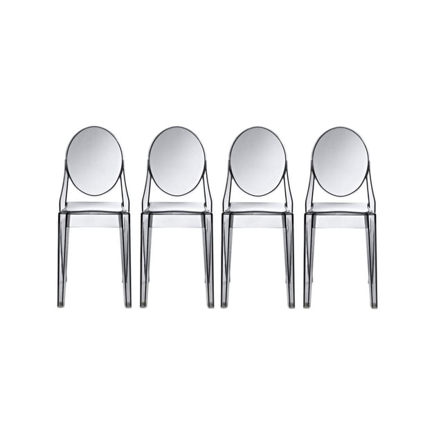 Heavenly Collection Smoke Plastic Armless Chair for Dining Area showing four clear smoke polycarbonate chairs with oval backrests and square seats, designed for modern kitchen and dining seating, ideal for compact spaces like apartments or condos.